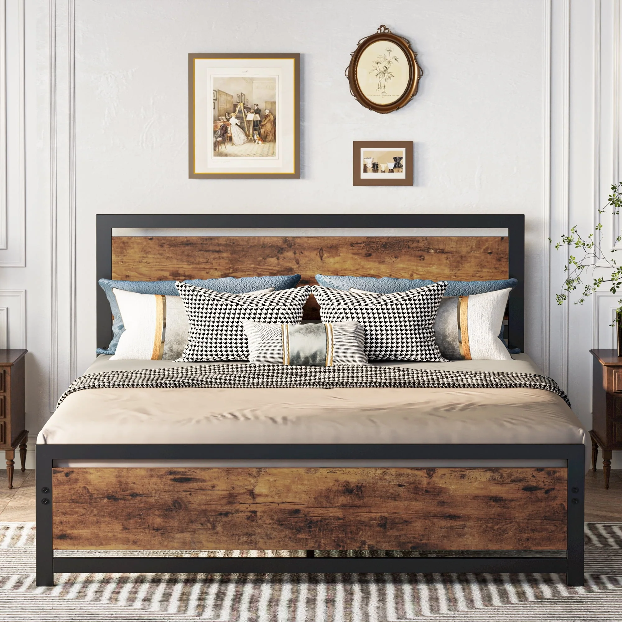LIKIMIO Bed Frame with Headboard, Strong Support, Industrial Style, Queen