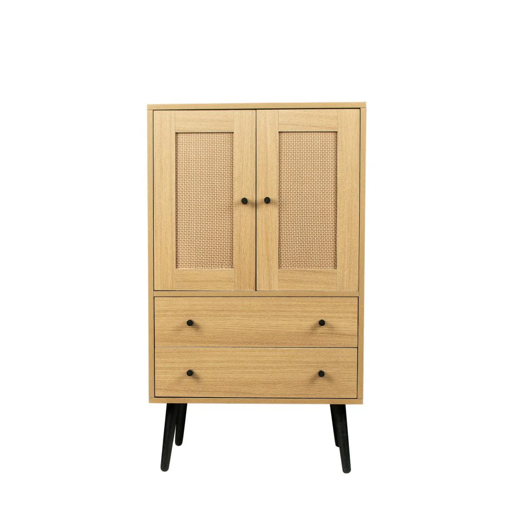 GZXS Storage Cabinet with 2 Rattan Doors & 2 Drawers, Mid Century Modern Buffet Sideboard Kitchen Cupboard for Living Room, Bedroom, Hallway, Home Office, Natural