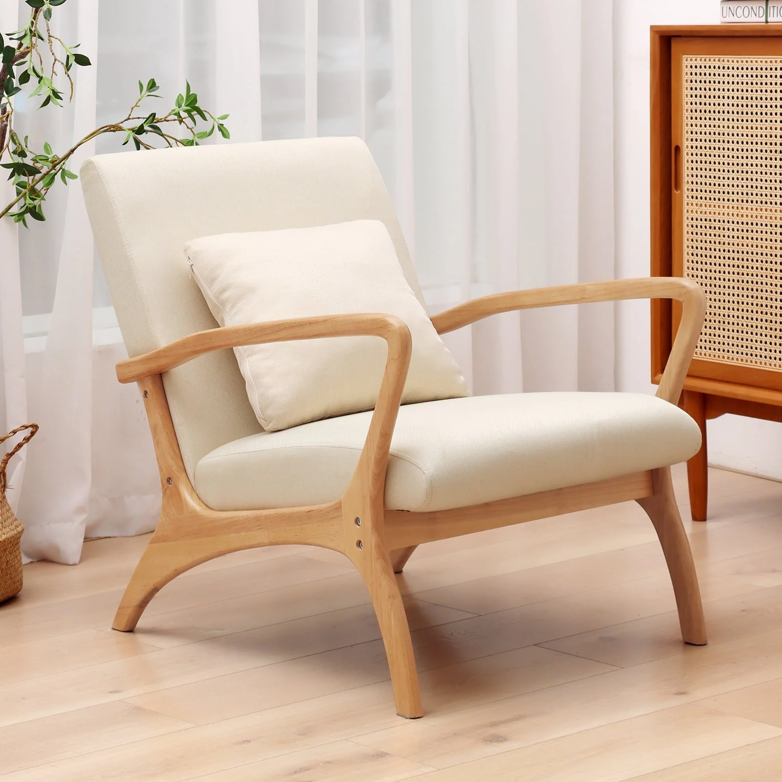 July's Song Mid-Century Modern Accent Chair,Living Room Linen Read Arm Chairs with Cushion,Wood Frame Armchair for Bedroom,Beige
