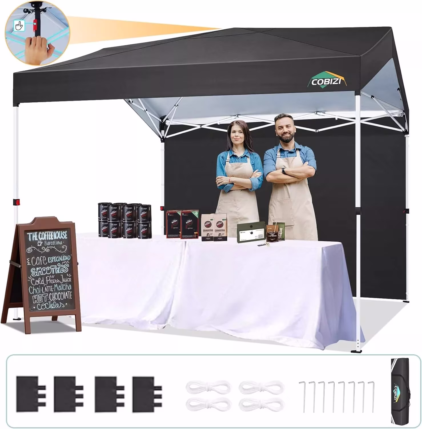 COBIZI 10x10 Pop up Tent with 1 Sidewall Commercial Gazebo One Push Sun Shelter