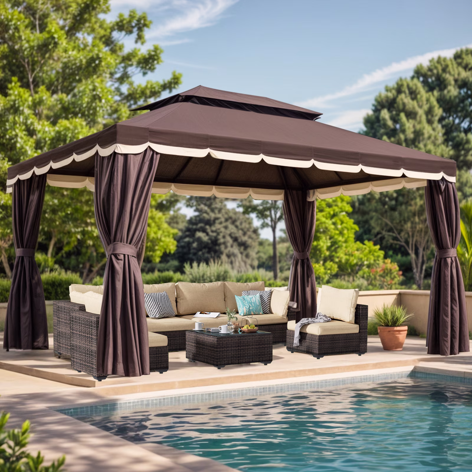 Gaptain 10��12 FT Deluxe No Screws Gazebo,Double Roof Outdoor Shelter Tent with Mosquito Nettings and Privacy Screens, Brown