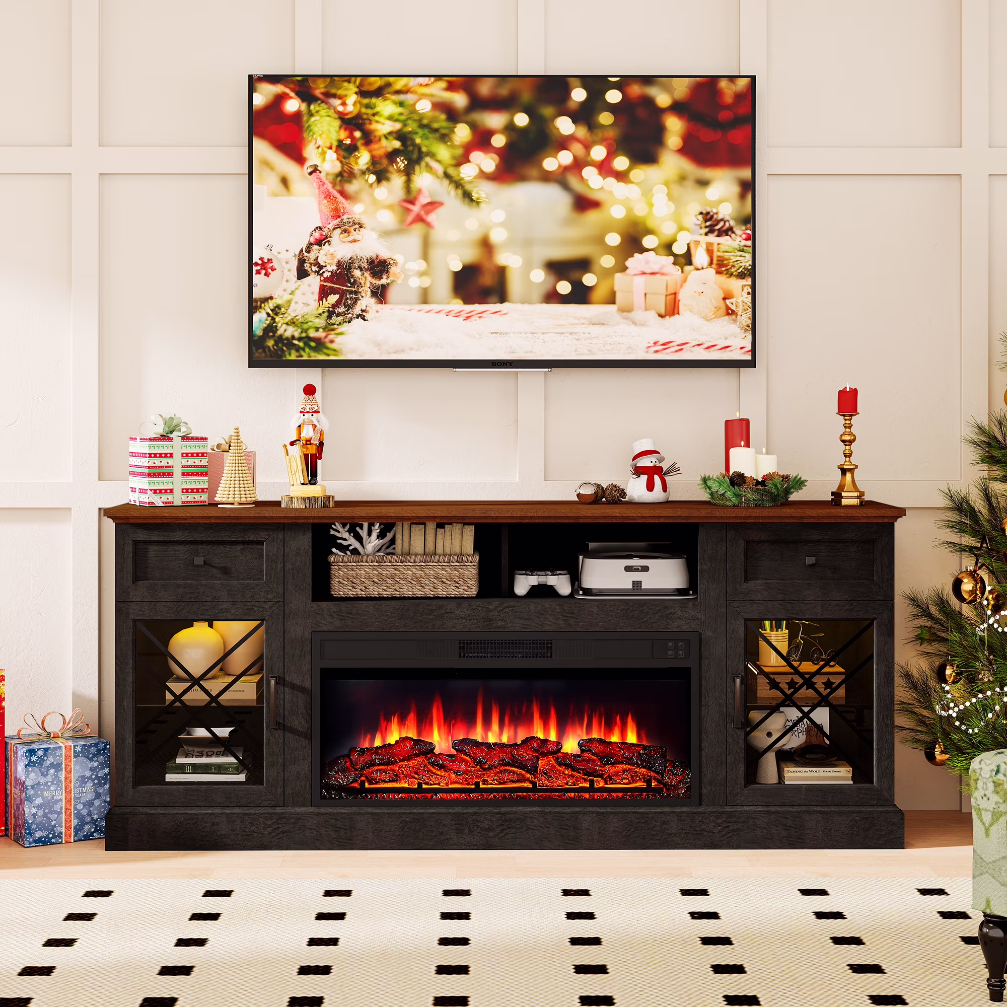 FIAKOA 70�� Fireplace TV Stand for 80" TVs,Fireplace Entertainment Center with LED Lights,TV Console with 34" Electric Fireplace for Living Room,Black Brown