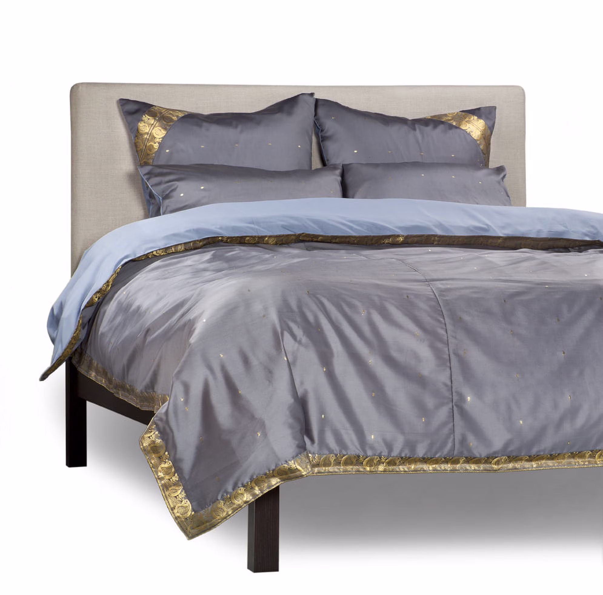 Gray-5 Piece Handmade Sari Duvet Cover Set with Pillow Covers / Euro Sham-Full