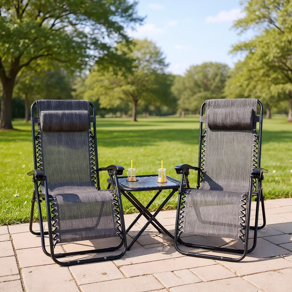 Resenkos 3 Pieces Folding Portable Zero Gravity Reclining Lounge Chairs Table Set, Small Patio Conversation Furniture Set, Gray
