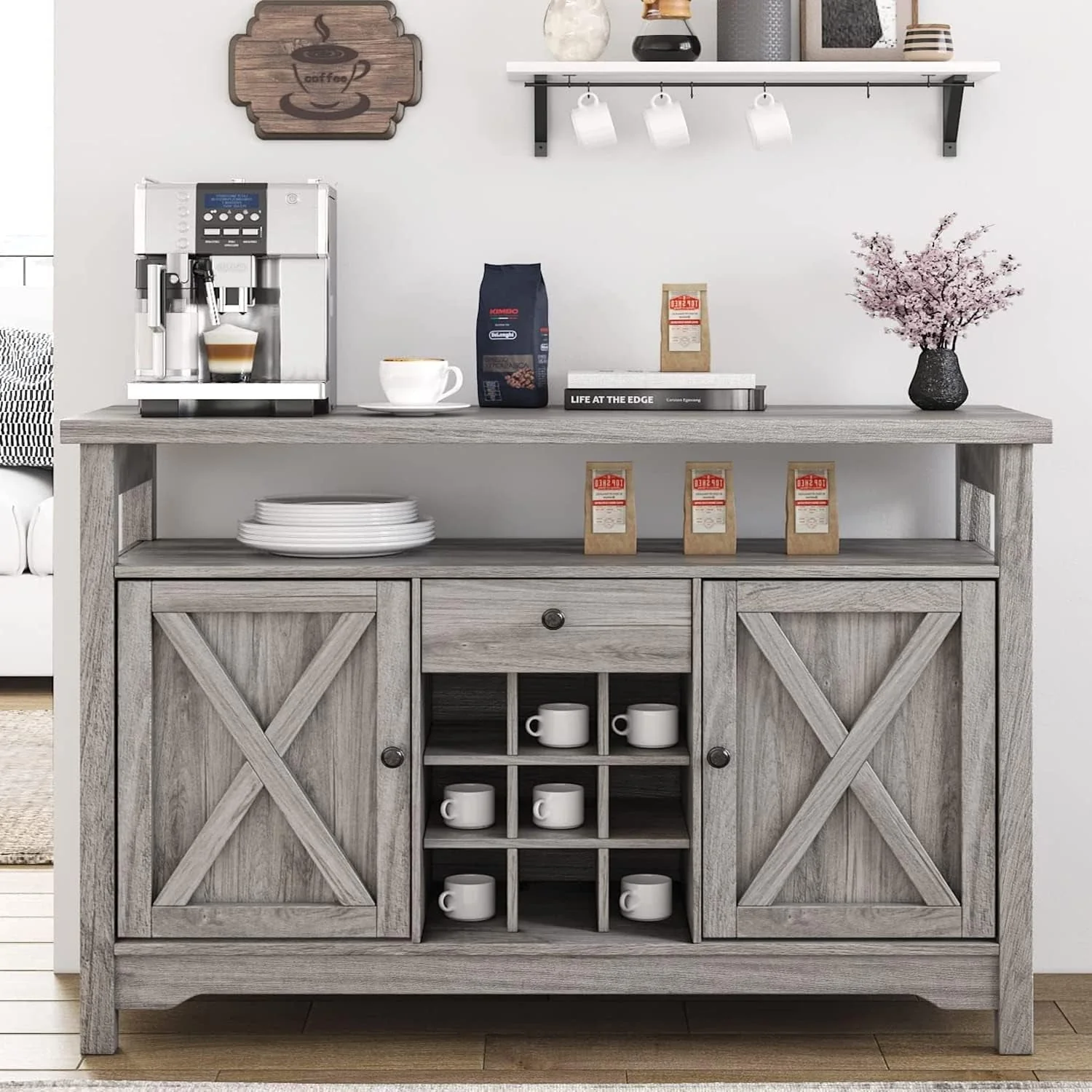 Catrimown Farmhouse Coffee Bar Cabinet, 47" Sideboard Buffet Cabinet with Barn Door, Buffet Storage Cabinet with Removable Wine Rack, Farmhouse Gray
