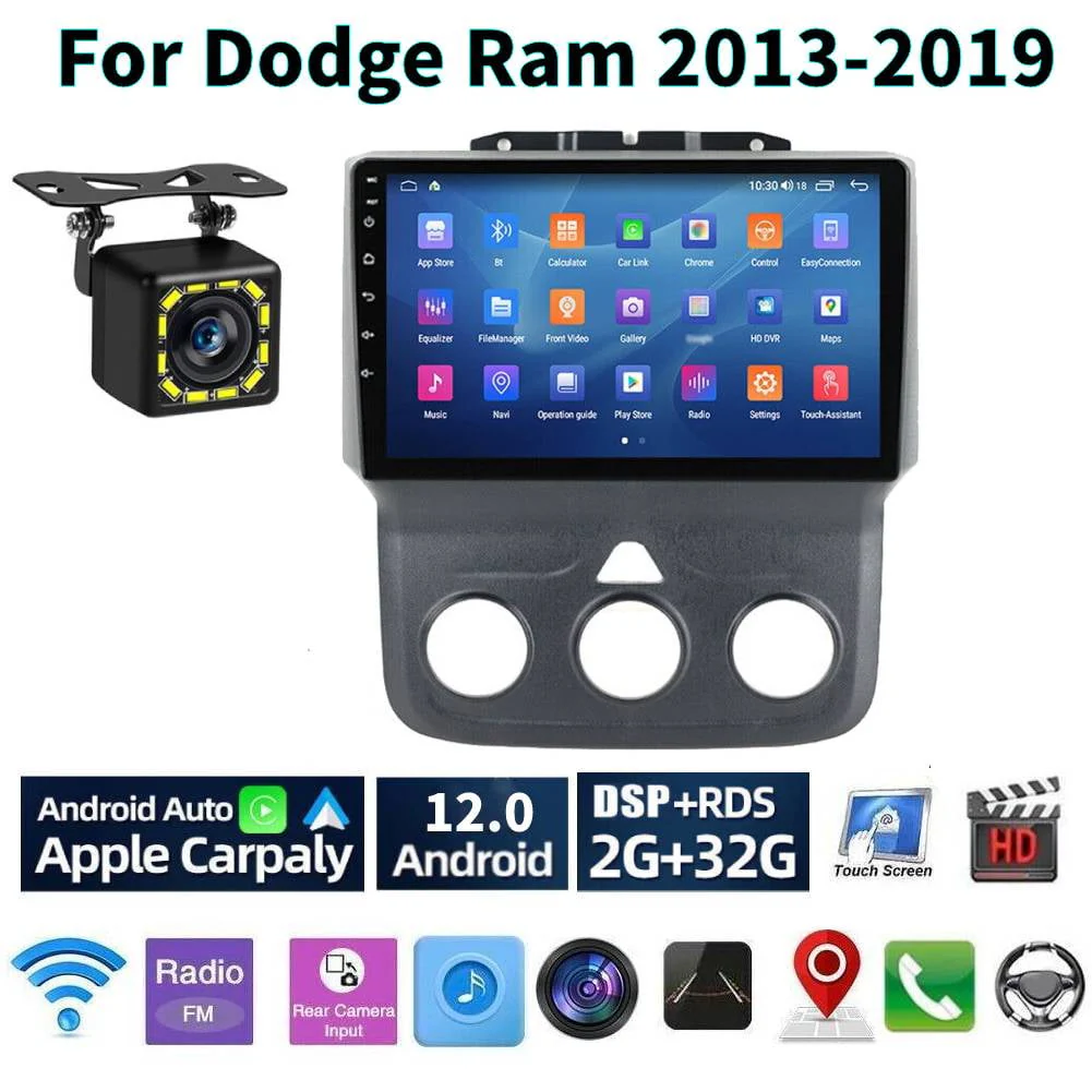 Car Stereo Radio for Dodge Ram 2013-2019 Android 12 9inch Touch Screen Radio Replacement Support Wireless Carplay Android Auto Navigation Bluetooth Radio WiFi Audio Video 2+32G, Black
