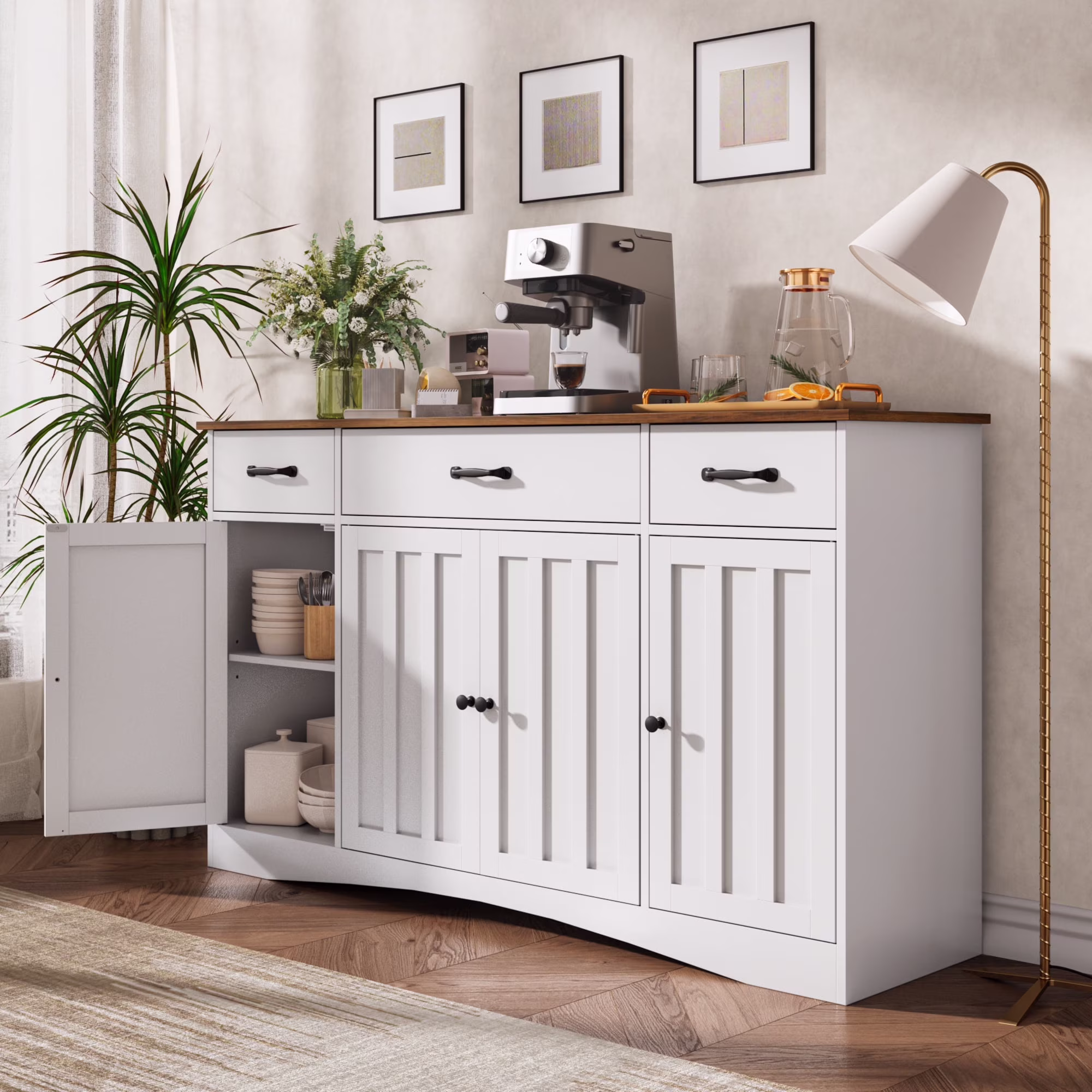 Aiho Sideboard Buffet Cabinet with Storage - Modern Kitchen Coffee Bar & Dining Room Organizer - 55.1��W, White/Rustic Brown