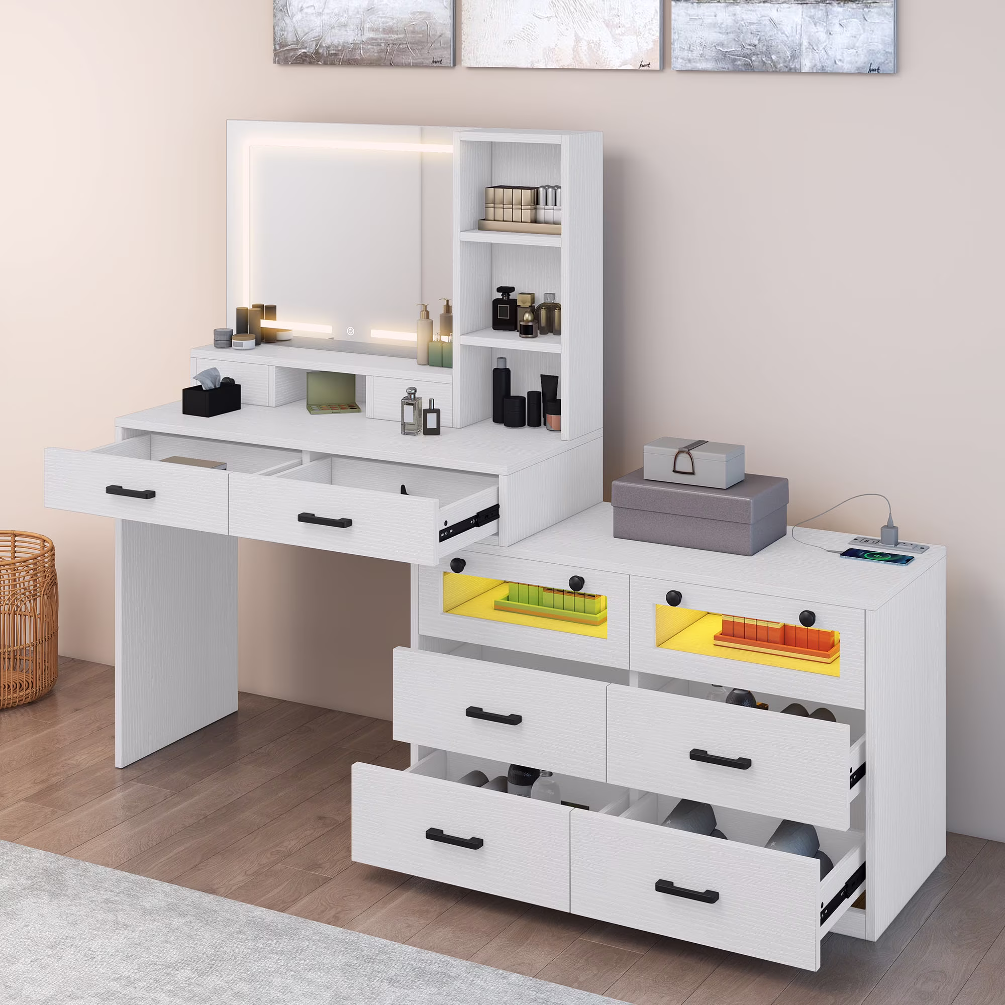 Uforic Vanity Makeup Desk with LED Light Mirror & Power Outlet, 10 Drawers, 4 Storage Shelves, 3 Color Modes & Adjustable Brightness Dressing Table, Corner Vanity,L Shape Change, 65"Desk, White