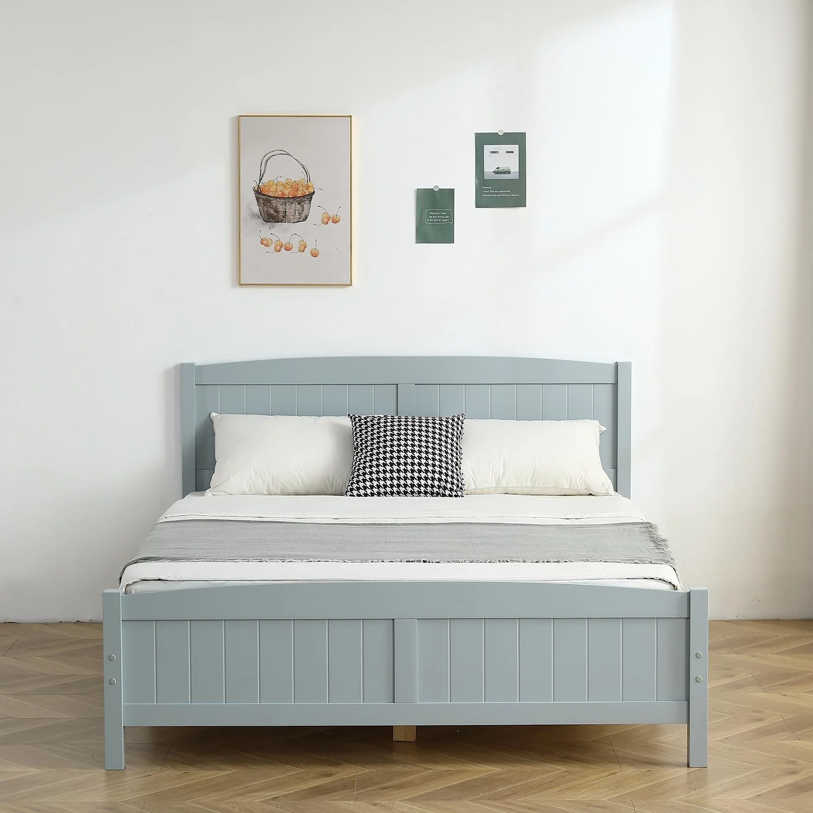 Zimtown Queen Bed Frame,Solid Pine Wood Kids Twin Platform Bed Frame, Bedroom Queen Bed with Headboard for Adults, Gray