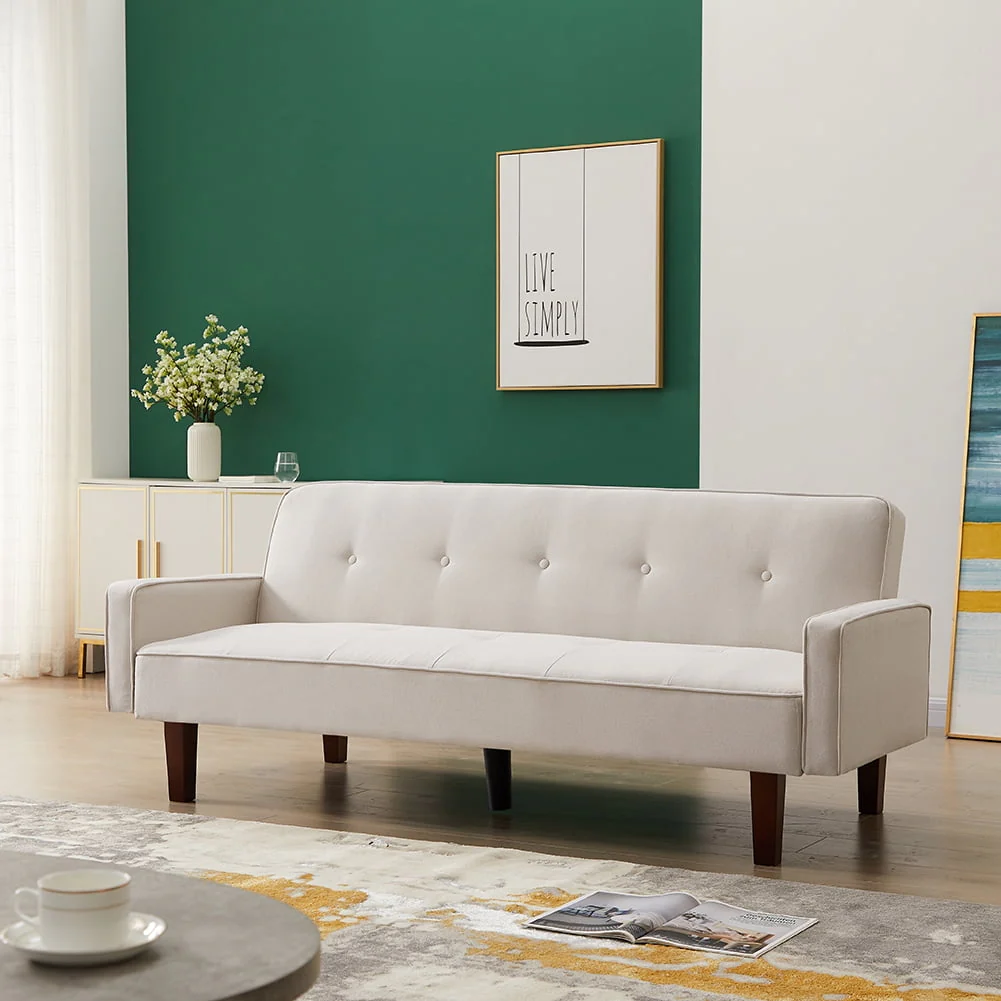 Hommoo Modern Convertible Futon Sofa Bed, Foldable Sofa Bed for Home &Office, Linen Sofa Bed, White