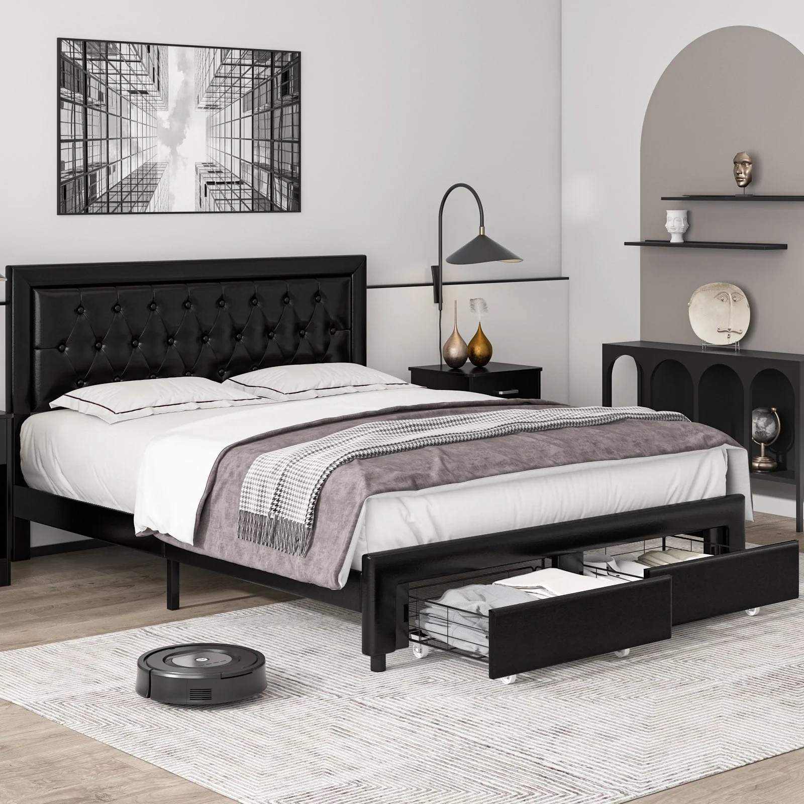 Homfa Full Size Bed Frame with Storage Drawers, PU Leather Upholstered Platform Bed with Adjustable Button Headboard, Black