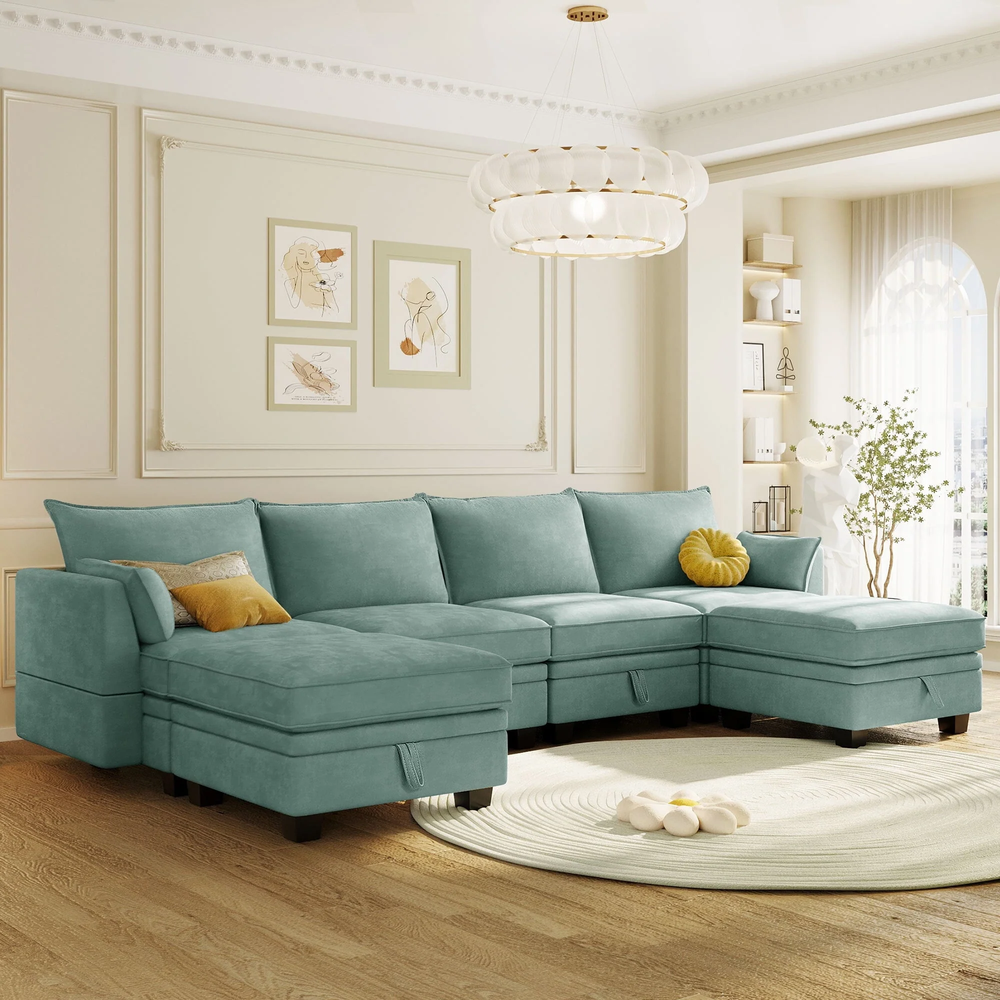 Euroco Large U-Shaped Sectional Sofa 6 Seat Convertible Sofa with Storage Seat, Modular Sofa with 2 Stools, Green