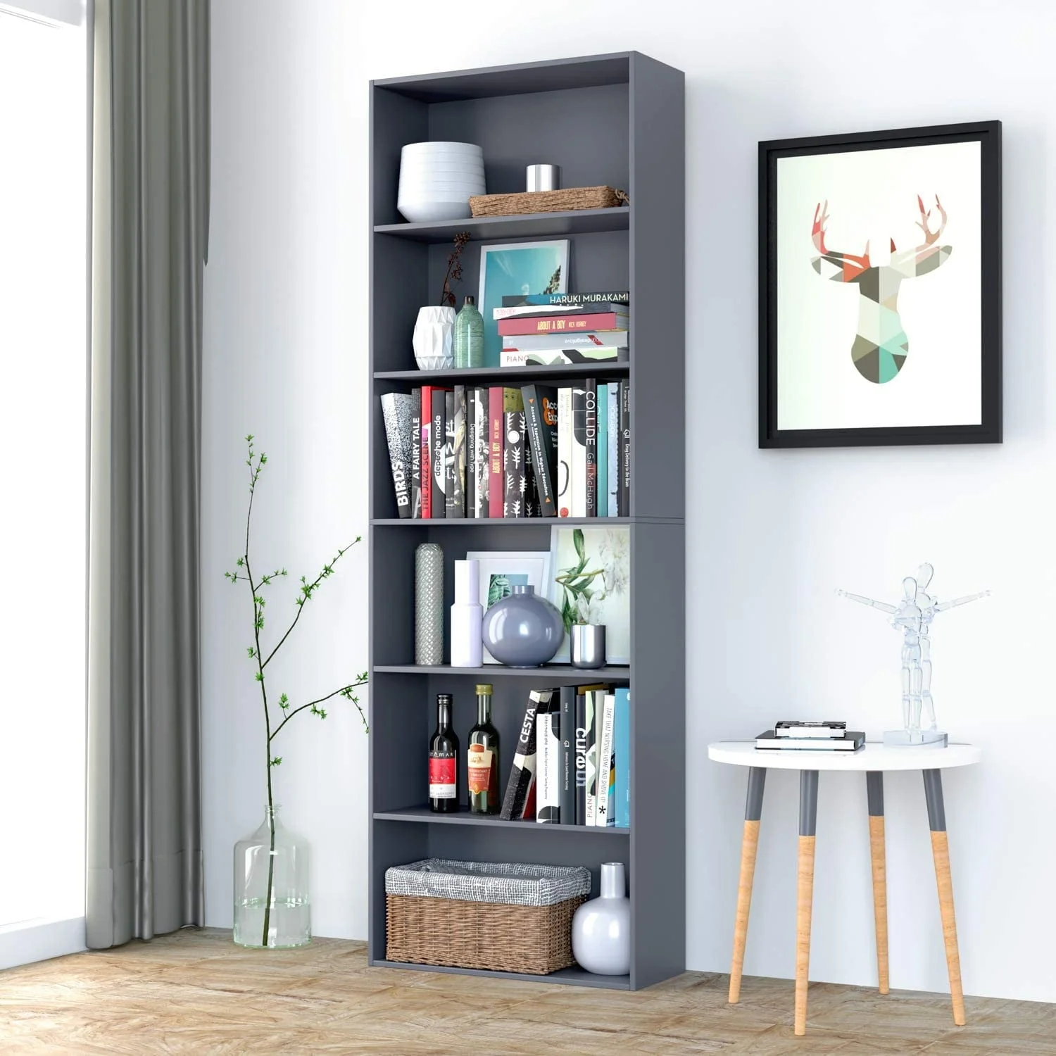 Homfa 6-tier Gray Bookshelf,  70.8" Tall Bookcase, Wood Shelving Unit for Office Living Room