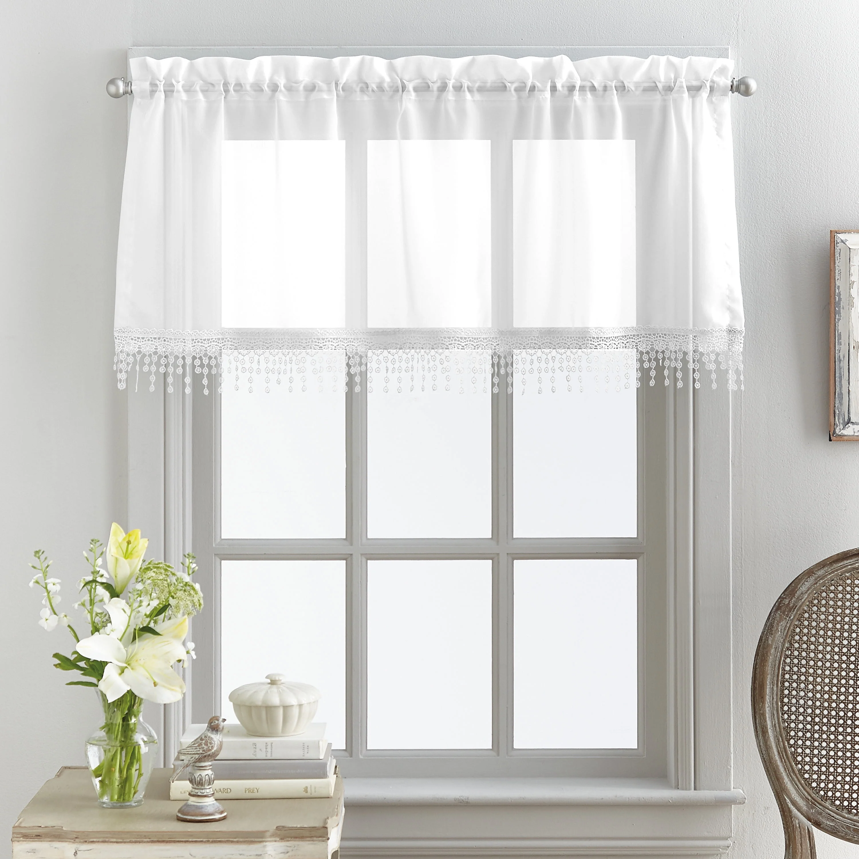 Mainstays Macrame Tailored Curtain Valance, 50"L x 18"W, White