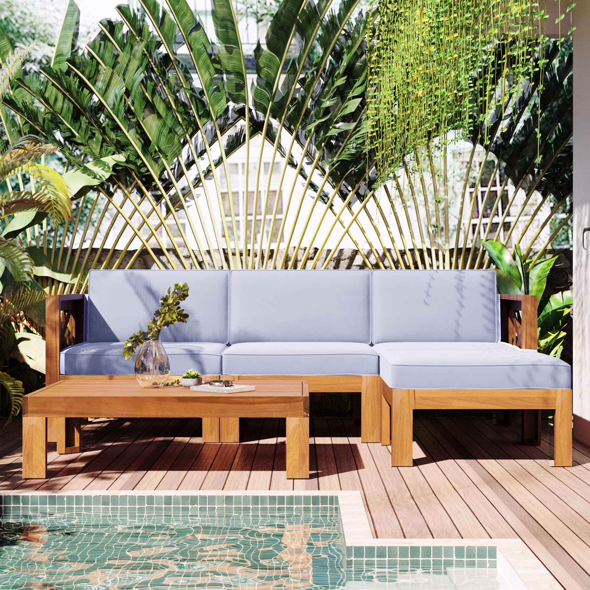 TOPMAX Outdoor Backyard Patio Wood 5-Piece Sectional Sofa Seating Group Set with Cushions, Natural Finish+ Gray Cushions