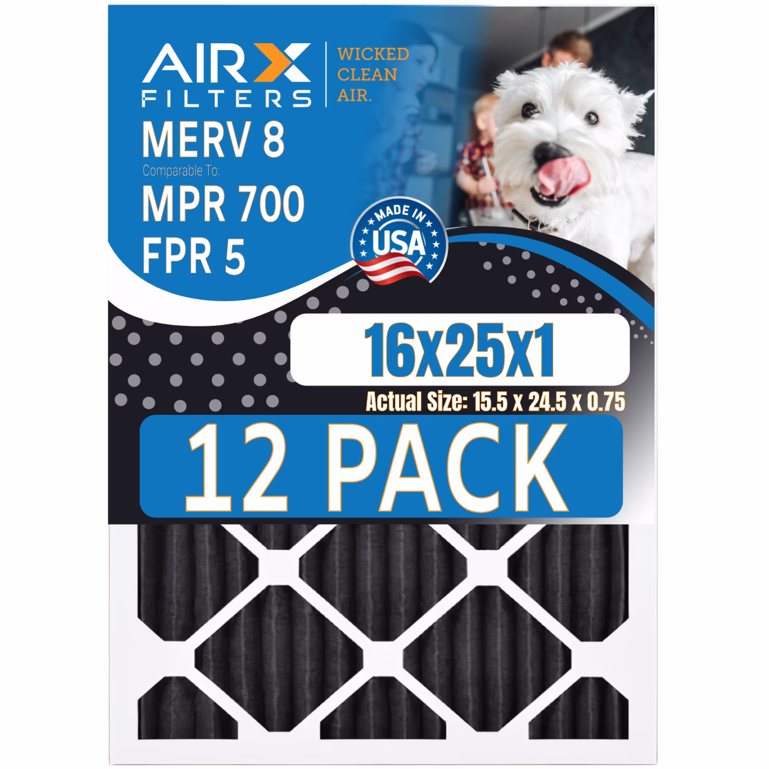 16x25x1 Air Filter MERV 8 Rating, 12 Pack of Furnace Filters Comparable to MPR 700, FPR 5, Pet Odor Retention Filters - Made in USA by AIRX FILTERS WICKED CLEAN AIR.