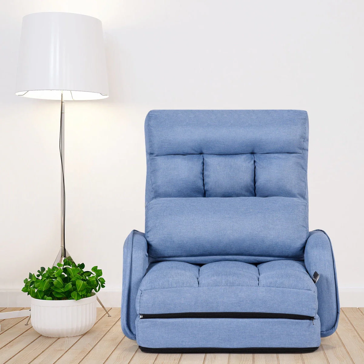 Gymax Blue Folding Lazy Sofa Floor Chair Sofa Lounger Bed with Armrests and Pillow