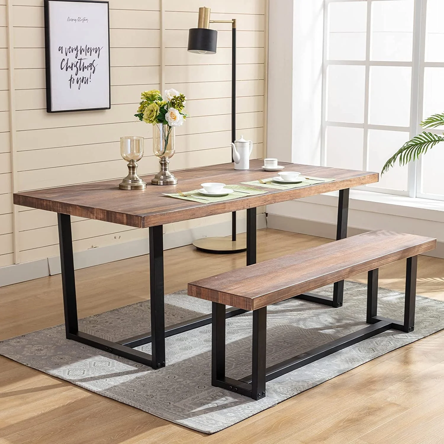 ChVans Dining Table for 4-6 Person, Rustic Farmhouse Solid Wood Dining Table with Metal Frame for Kitchen Meal(Brown-72 in Dining Table)