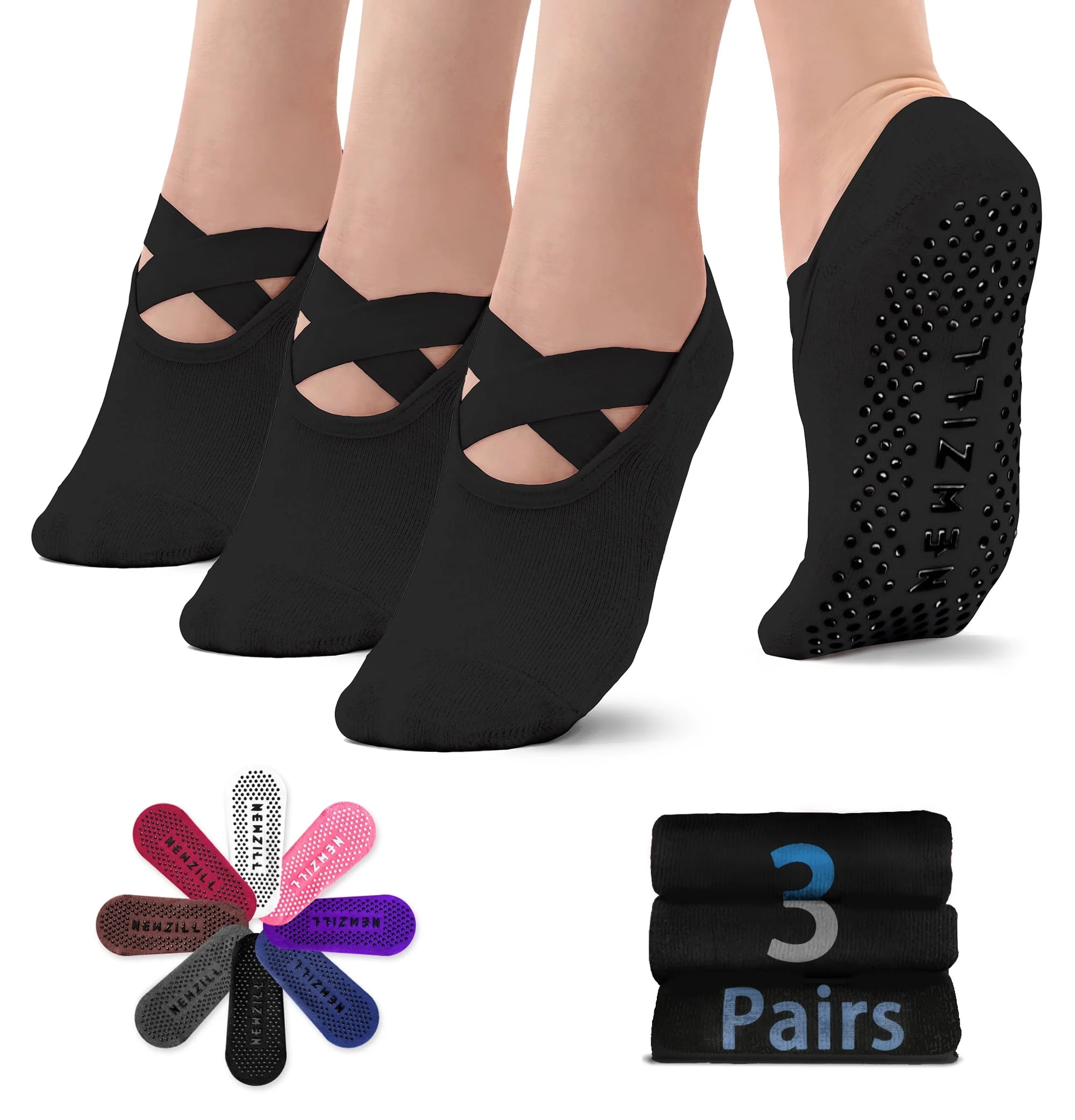 Newzill Yoga Socks No Slip for Women, Ideal for Pilates, Ballet, Dance and Barefoot Workout, Multi-color, 3 Pack