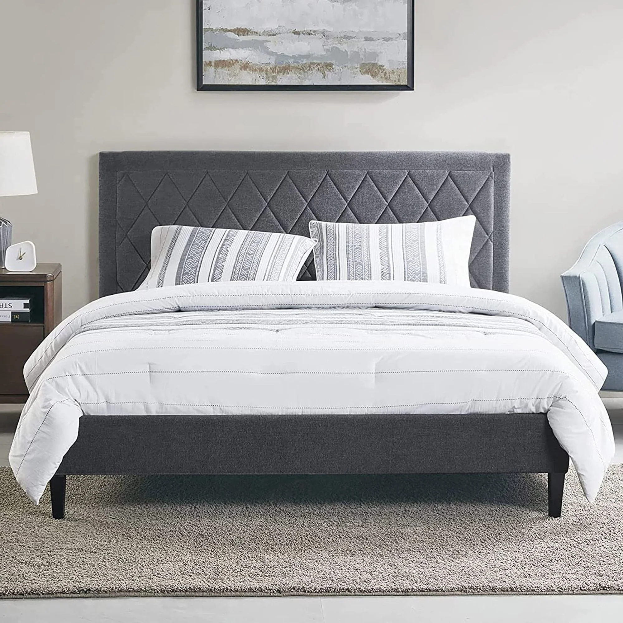 510 Design Wooden Full Size Quilted Upholstered Platform Bed Frame Bedroom with Headboard Charcoal