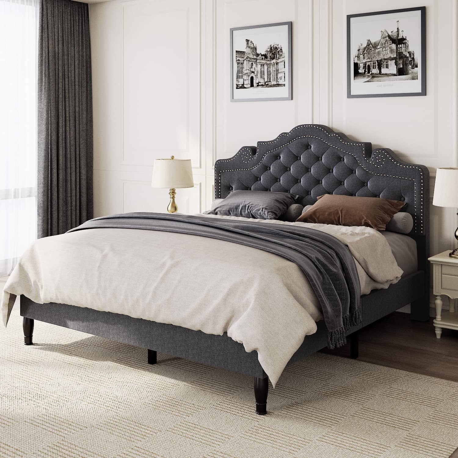 Allewie Queen Platform Bed Frame with Upholstered Diamond Button Tufted Adjustable Fabric Headboard, Dark Grey