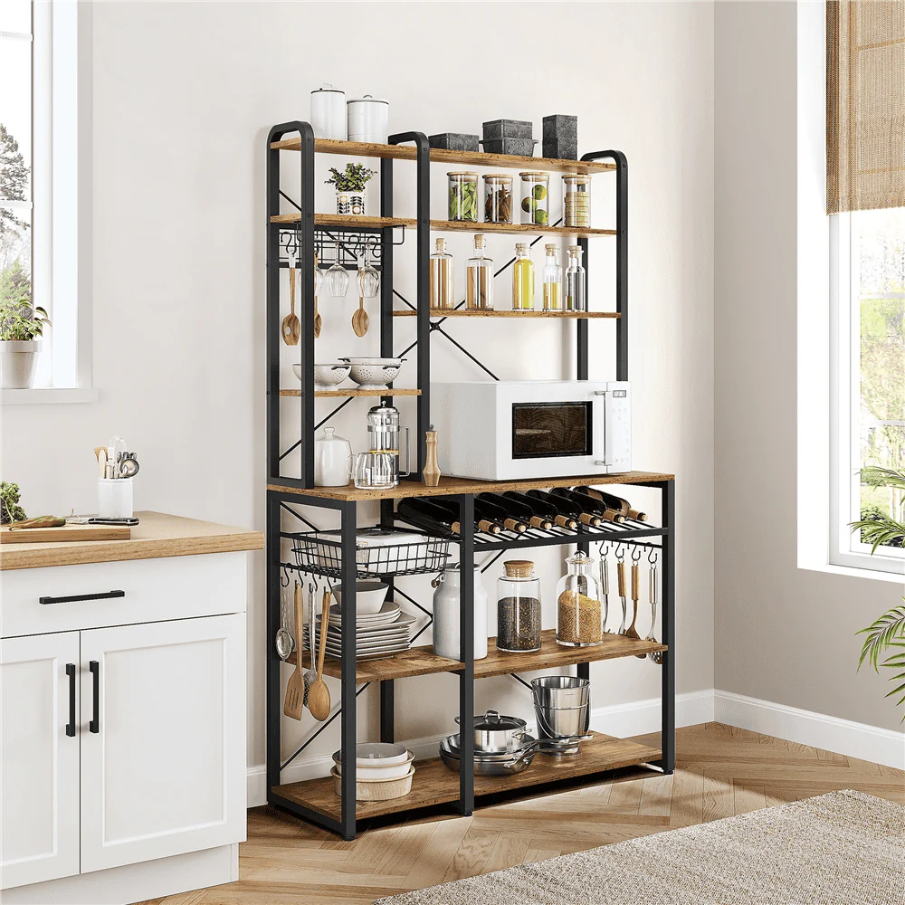 Topeakmart 71''H Industrial Baker's Rack with 12 Hooks, Wine Rack, Stemware Holder, Rustic Brown