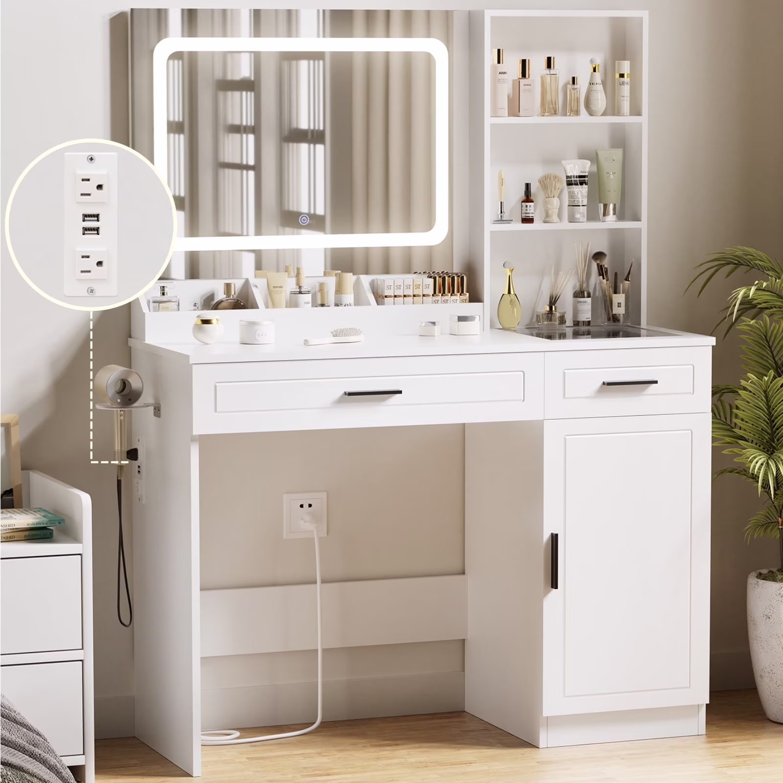 Hommpa Vanity Desk, Makeup Vanity with LED Lighted Mirror Vanity with Glass Top Drawers Vanity Table with Charging Station for Girls Bedroom Large Storage Cabinet Shelves, White