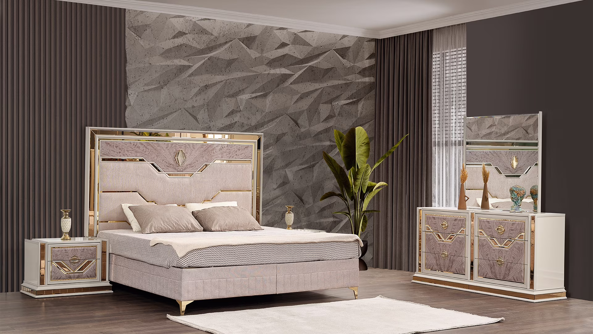 Omari Traditional Style Queen 4Pc Bedroom Set made with Wood in Beige