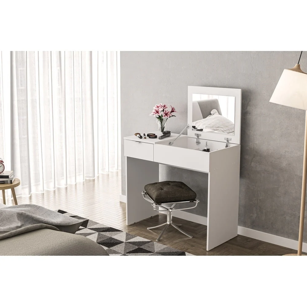Polifurniture Modern Pull Top  Vanity Table, White