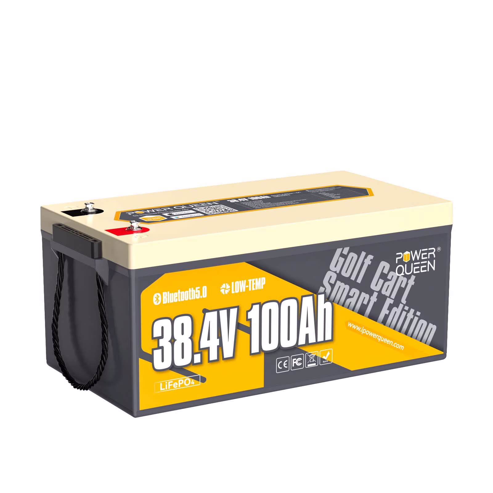 Power Queen 36V 100Ah Bluetooth Low Temp Cut Off LiFePO4 Battery Deep Cycle Lithium for Golf Cart Outboard Motor (Support 2 Series to 72V 100Ah)