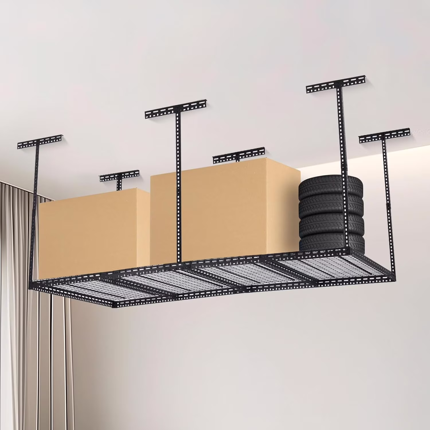 Pinypikaka 4'x8' Overhead Garage Storage Rack, 22"-40" Height Adjustable Ceiling Storage Rack 660lbs Weight Capacity, Heavy Duty Hanging Storage Shelves for Garage, Attic, Basement