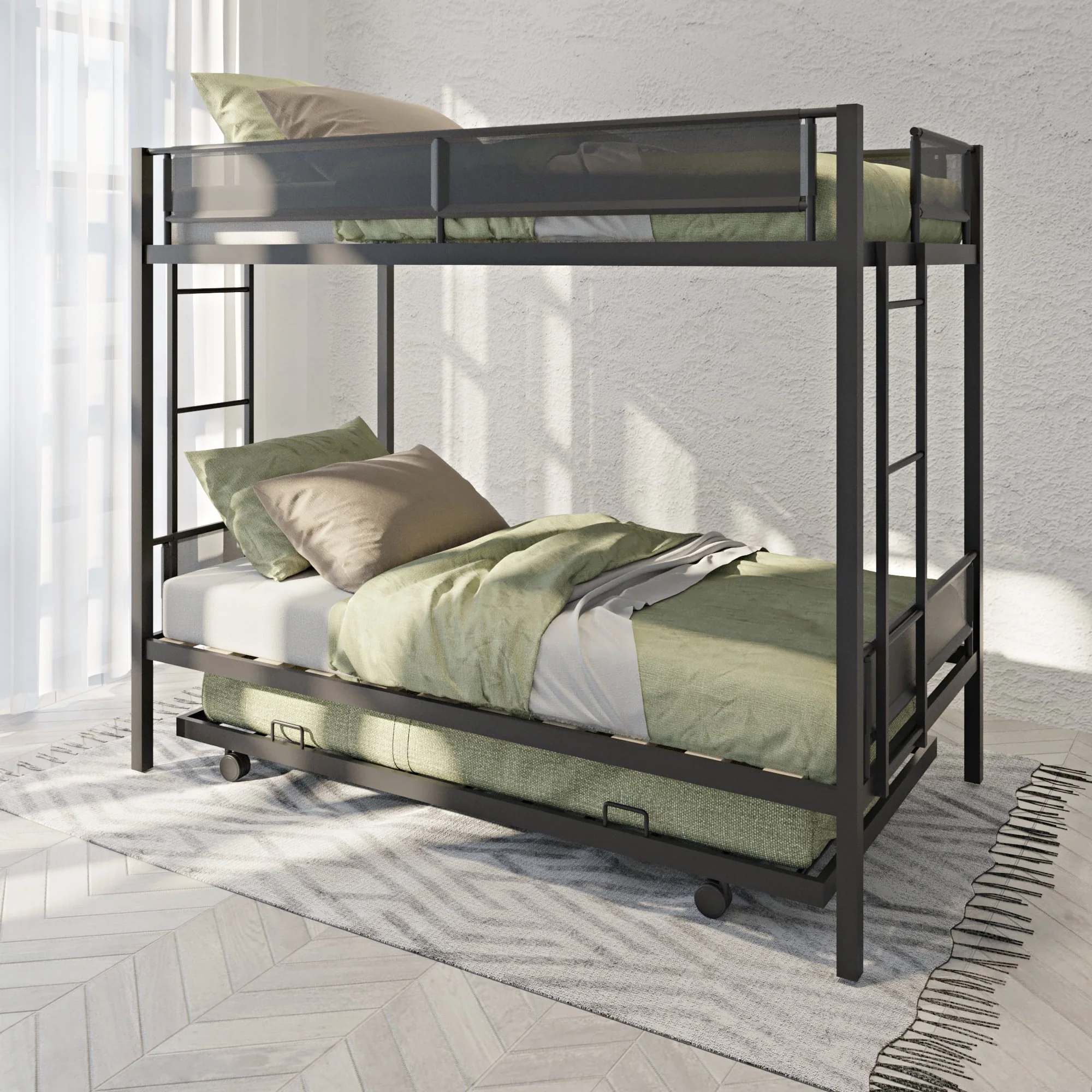 Muumblus Twin Over Twin Bunk Bed with Trundle, Metal Bed Frame with Safety Guard Rail and Ladders, Space Saving Design Bedroom Bunk Bed for Kids and Adults, Black, M926