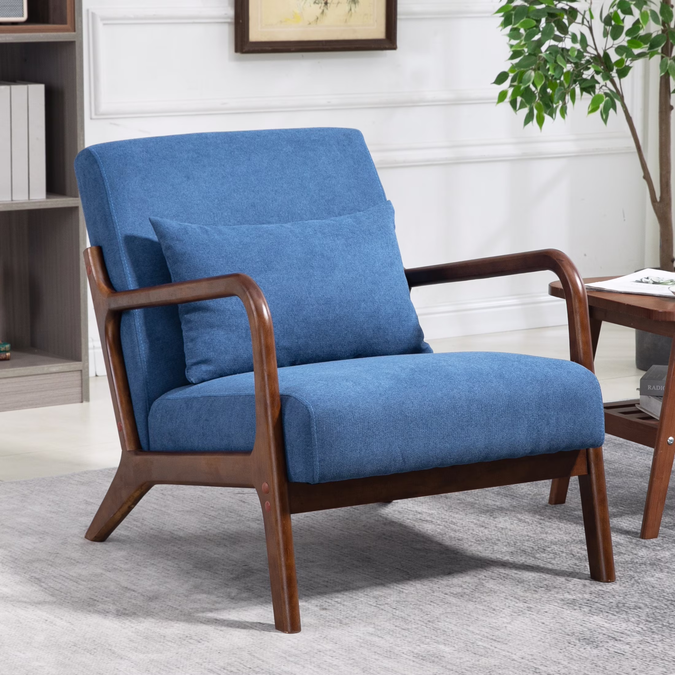 PORKISS Mid-Century Accent Chair, Velvet Upholstered Arm Chair with Wood Frame and Waist Cushion, Modern Armchair, Reading Chair for Living Room, Bedroom, Sunroom,Blue