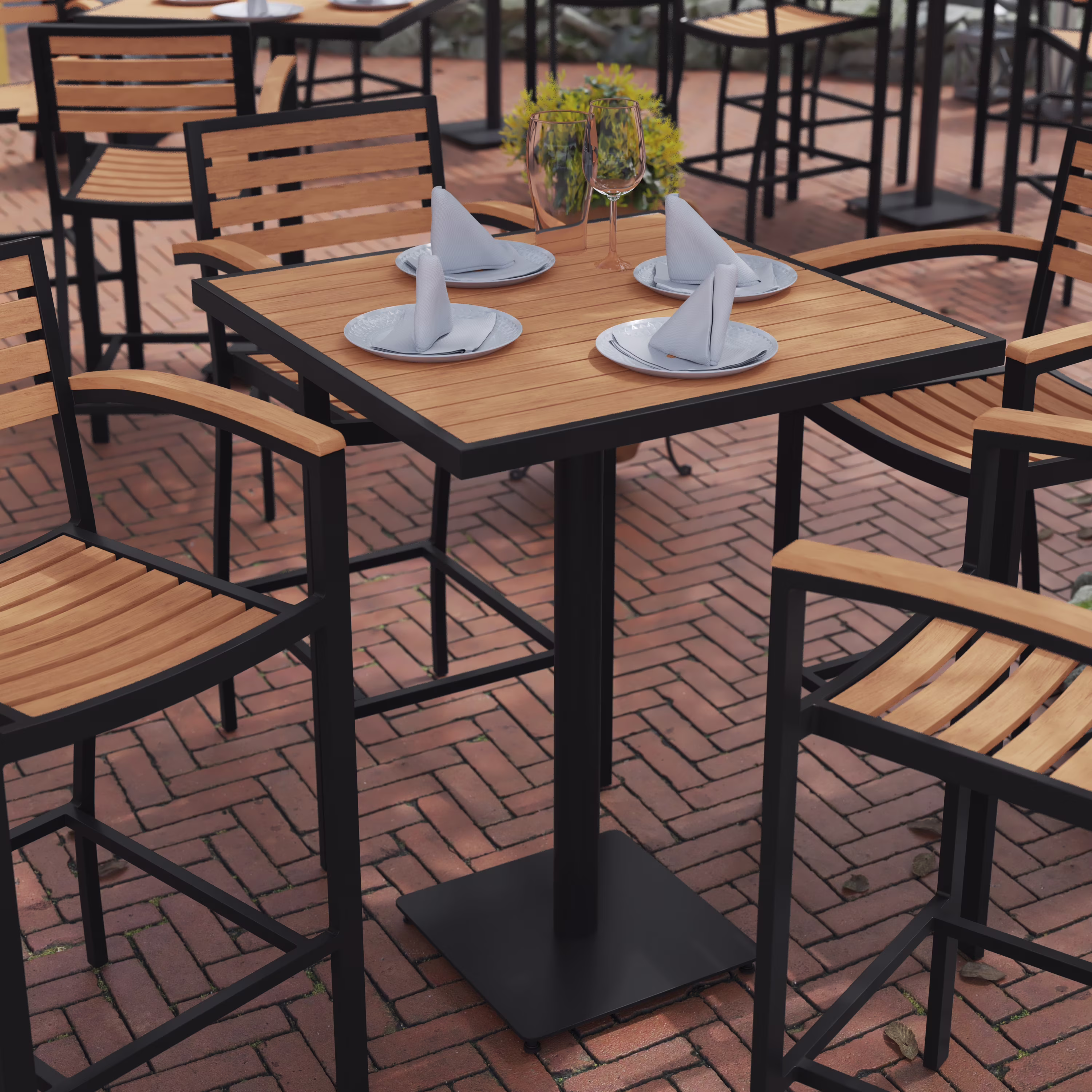 BizChair Commercial Grade 32" Square Outdoor Bar Height Table with Faux Teak Poly Resin Slats