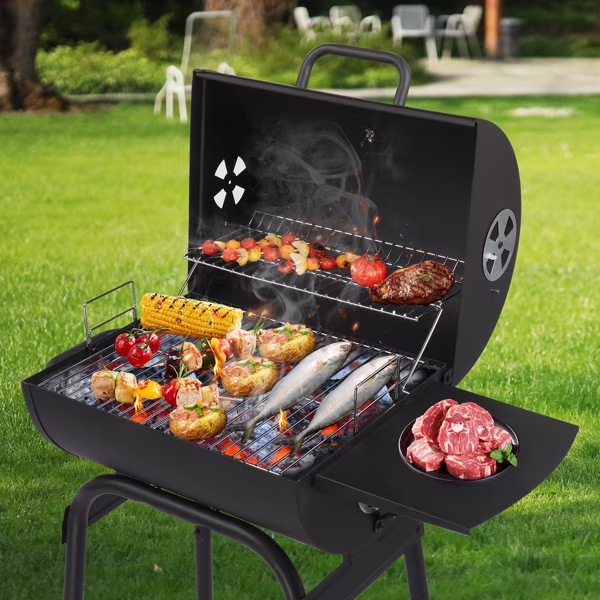 34" Barrel Charcoal Grill with Side Table & Wheels - High-Temp Powder Coated Outdoor BBQ for Backyard, Camping, Patio & Party Cooking