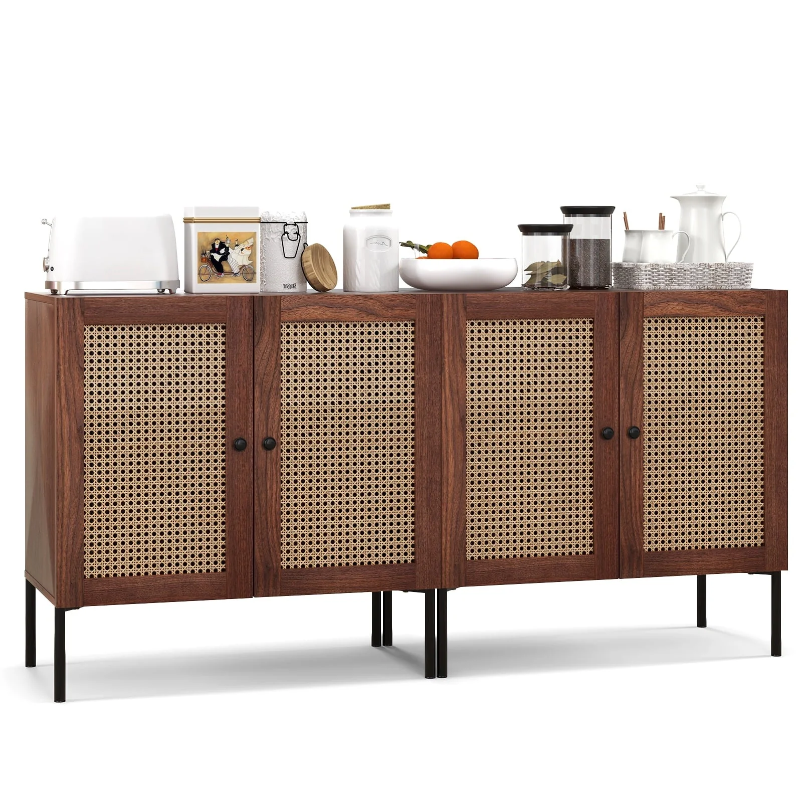 Costway Set of 2 Rattan Buffet Sideboard Wine Cabinet Cupboard w/Adjustable Shelf Walnut
