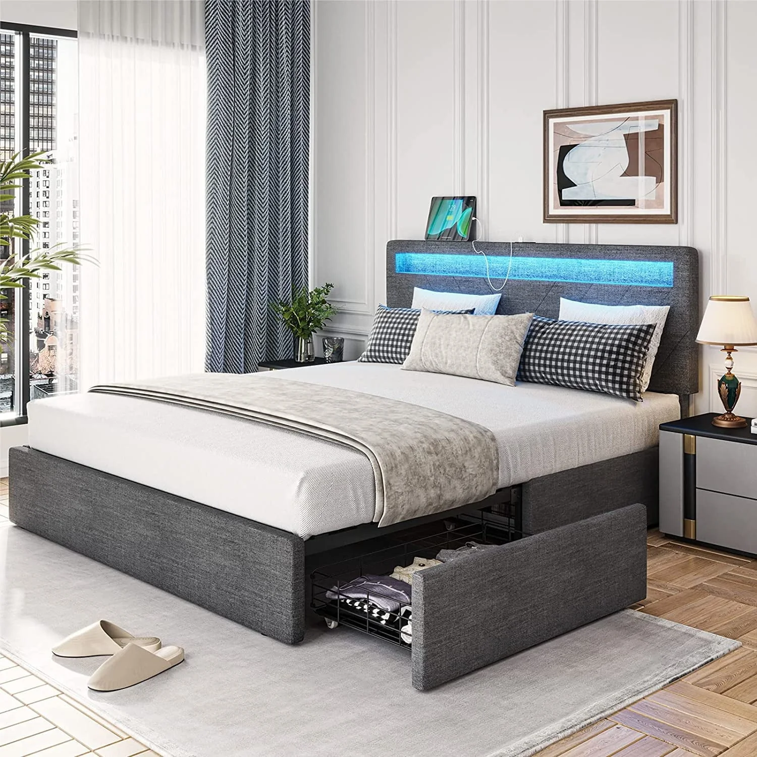 SEDETA Queen Bed Frame with 4 Drawers, LED Lights Headboard, 2 USB Charging Station, Upholstered Platform Bed, Dark Grey