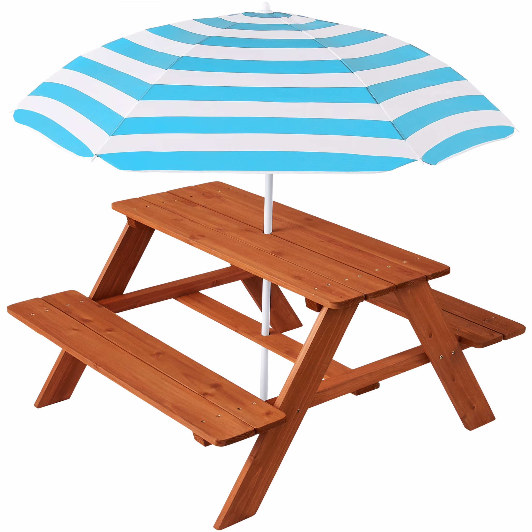 Best Choice Products Kids Wooden Picnic Table, Outdoor Activity Table w/ Adjustable Umbrella, Seats - Golden Brown/Aqua