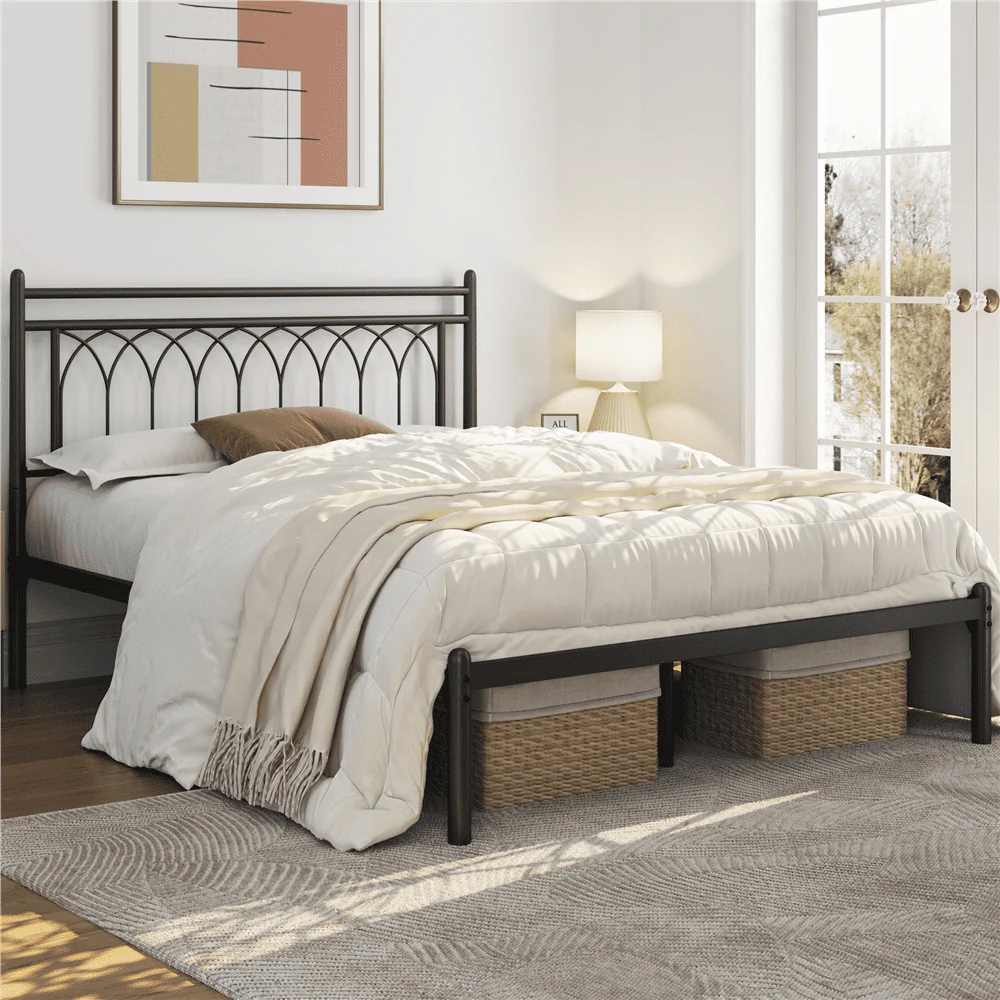 Easyfashion Jasmine Modern Metal Bed Frame with Petal Accented Headboard,Queen, Black