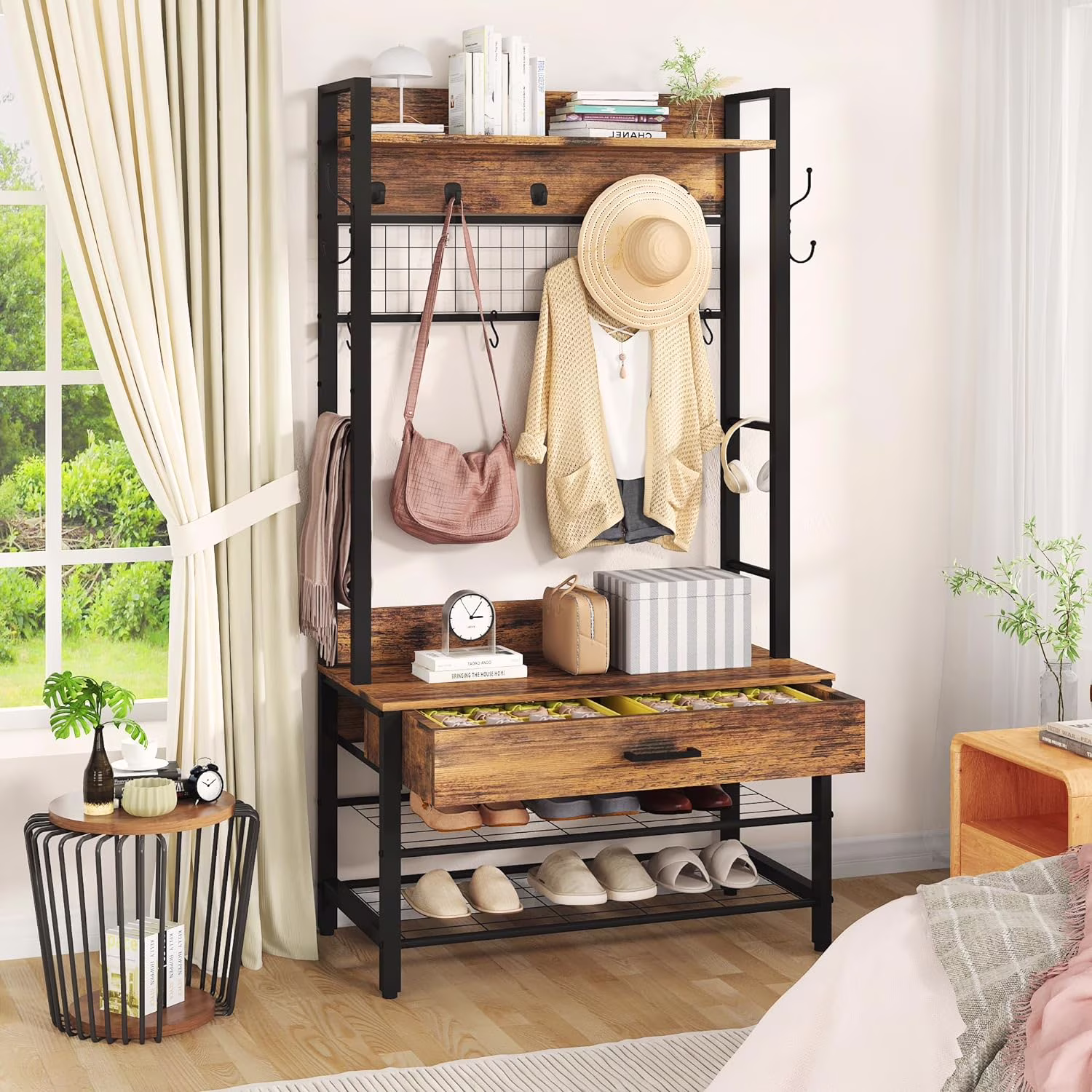 LinkRomat Hall Tree, Entryway Coat Rack with Drawer, Industrial 5 in 1 Entryway Bench with Storage Shoe Rack and 12 Hooks, Freestanding Home Organizer with Shelf & Grid Panel, Anti-Dumping