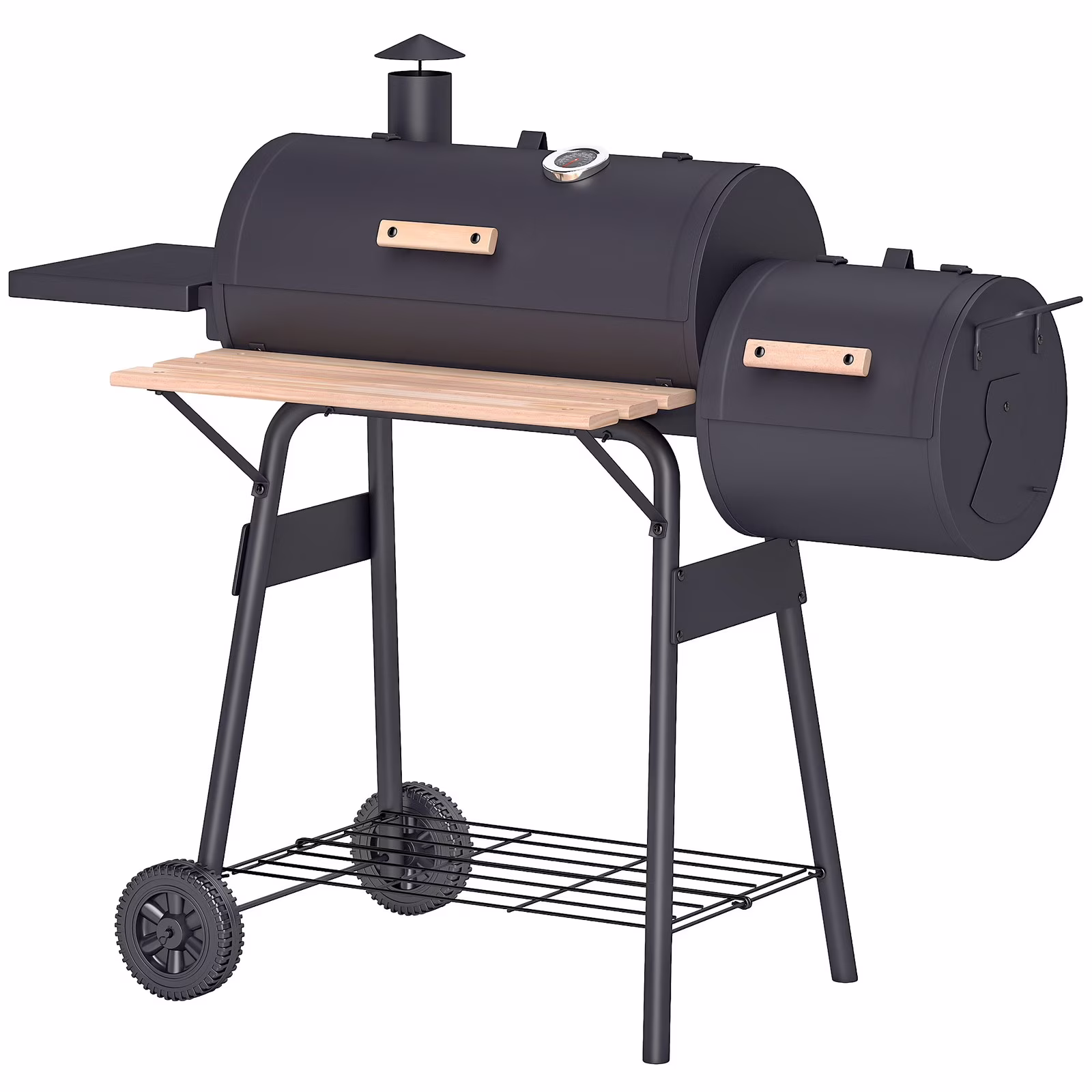 BNDFTF Black Multifunctional Charcoal Grill, Offset Smoker & BBQ Combo, with Front/Side Shelves, Lid Thermometer & Wooden Heat-Resistant Handles, for Outdoor Patio