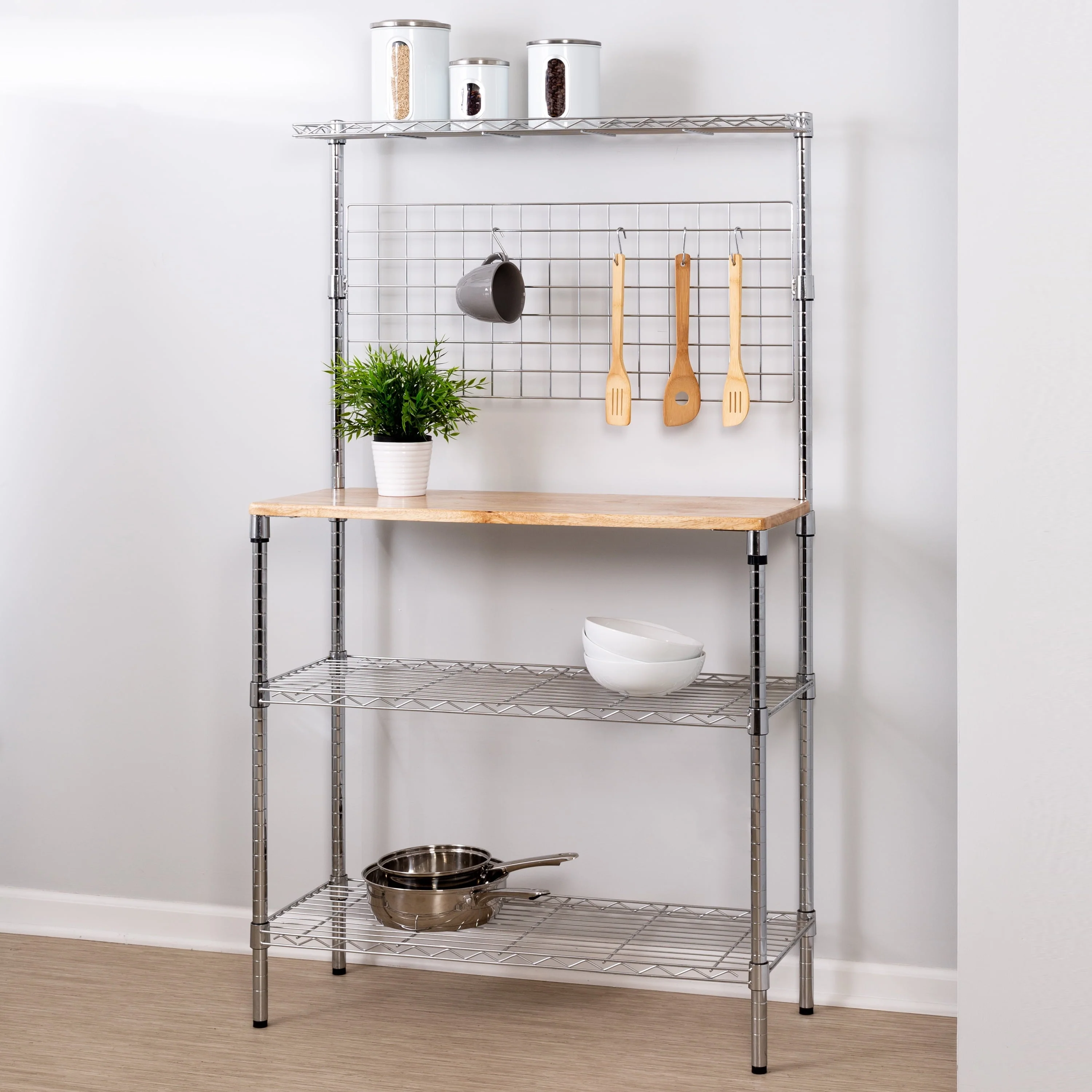 Honey Can Do 3-Tier Urban Bakers Rack with Hanging Bar, Chrome/Natural