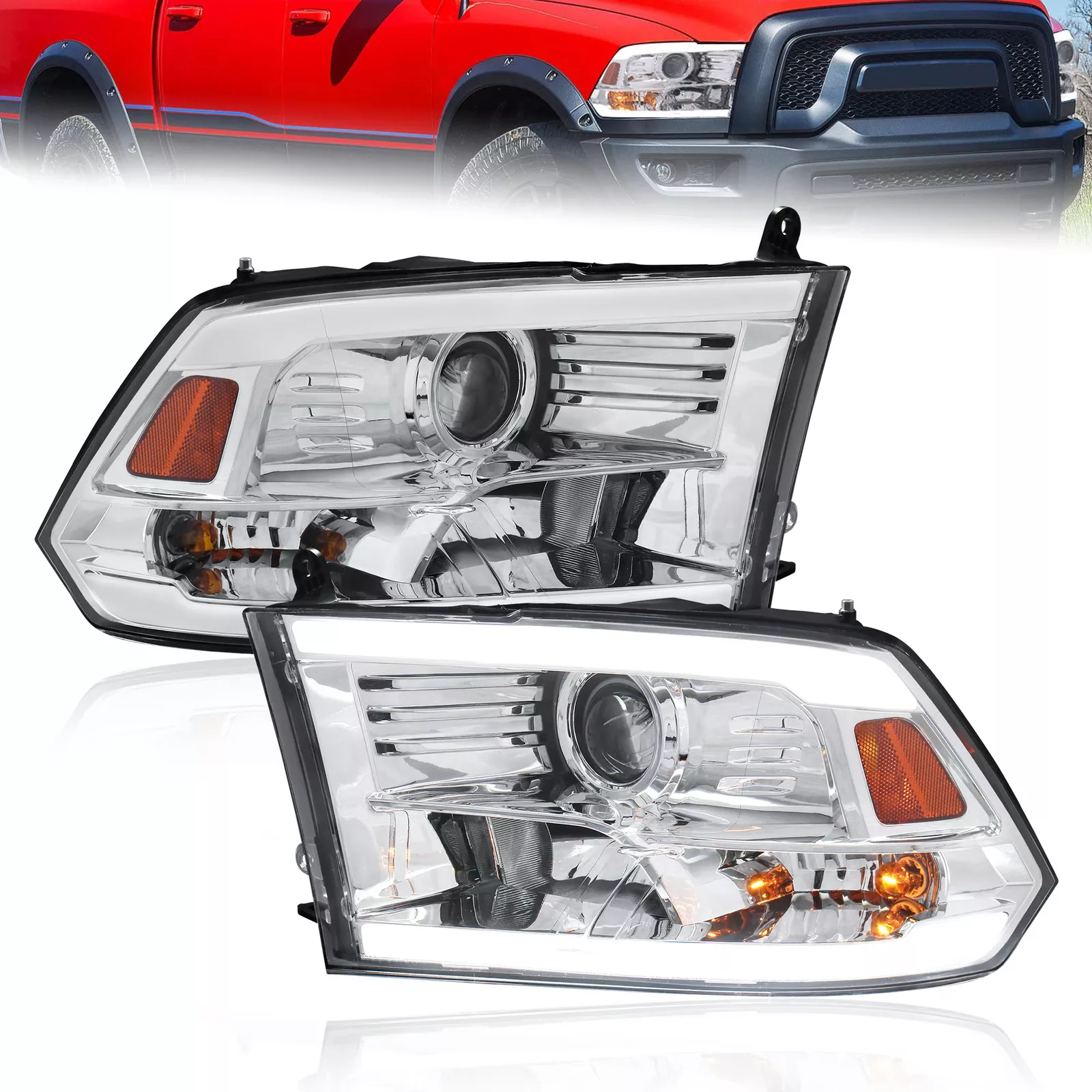 MOSTPLUS Pair LED DRL Chrome Headlight for 2009-2018 Dodge Ram 1500 2500 3500 Halogen