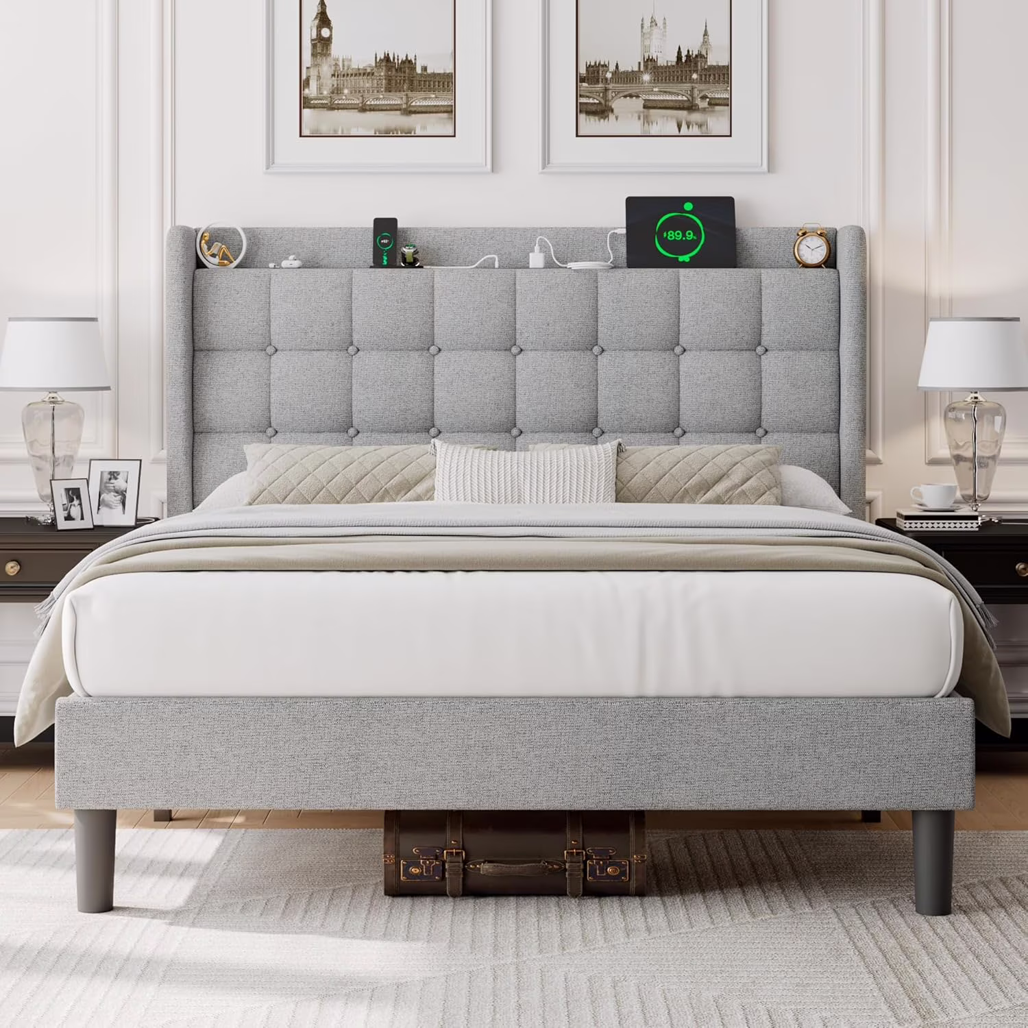 ipormis Full Size Bed Frame with Charging Station��Upholstered Platform Bed Frame  with Wingback Storage Headboard, No Box Spring Needed,Light Grey