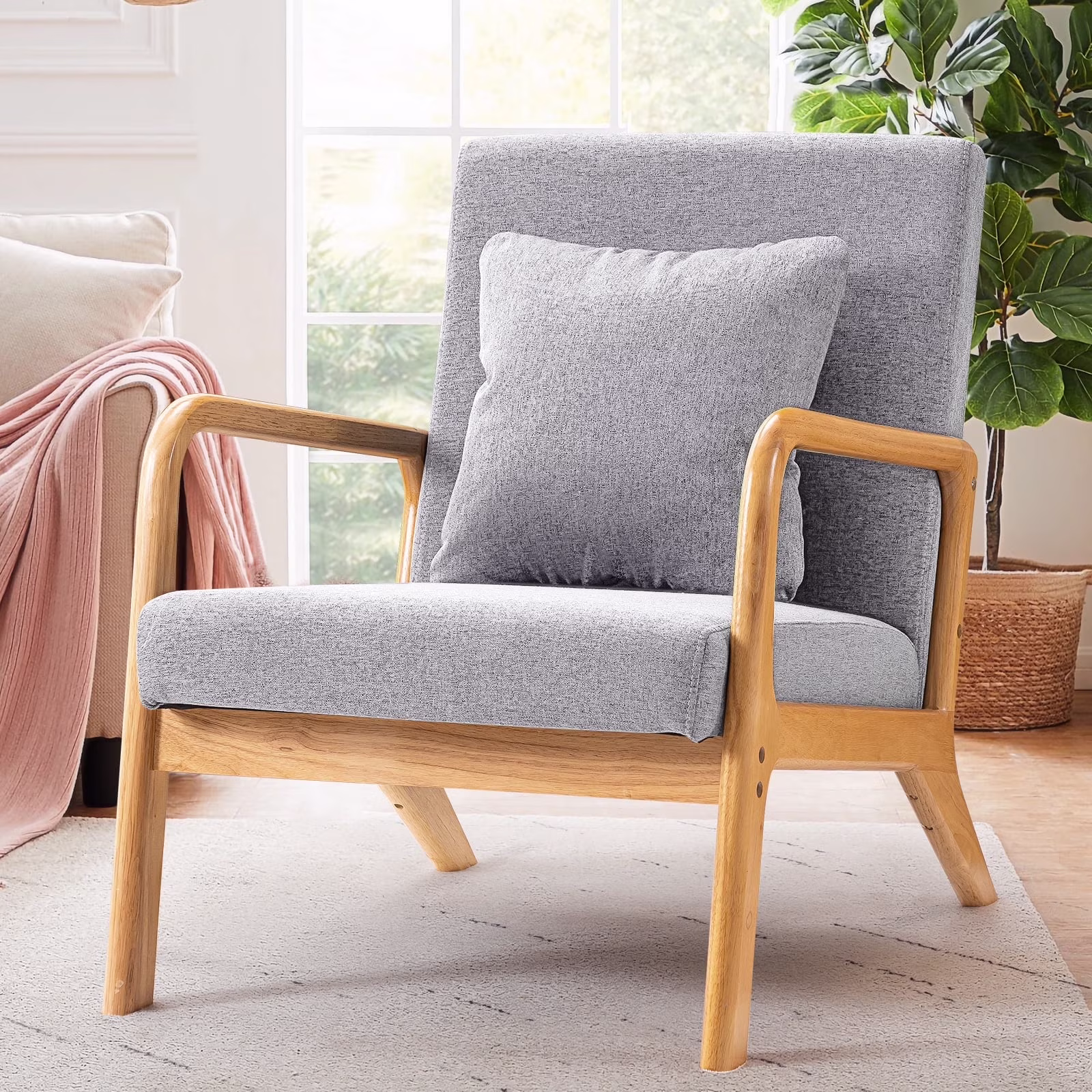 JULY'S SONG Mid Century Modern Accent Chair, Linen Upholstered Lounge Chairs for Living Room,Reading Armchair for Bedroom,25.6��W Fabric Comfy Chair with Wood Frame,Gray