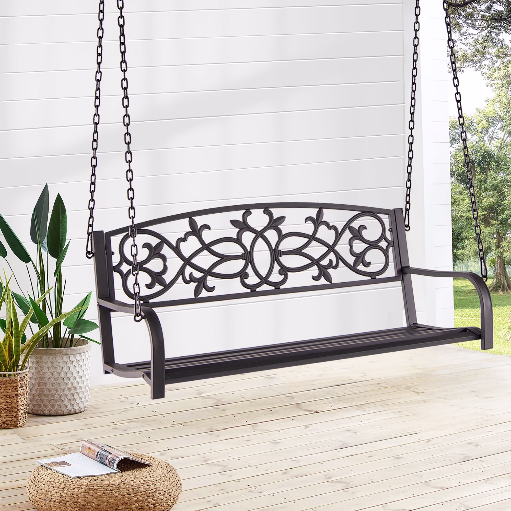 Costway 2-Person Metal Outdoor Porch Swing Hanging Patio Bench 485 Lbs Capacity Brown