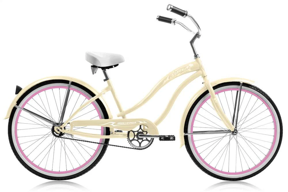 Micargi ROVER GX 26" Beach Cruiser Coaster Brake Single Speed Stainless Steel Spokes One Piece Crank Alloy Pink Rims 36H With Fenders Color: Vanilla/ Pink Rim