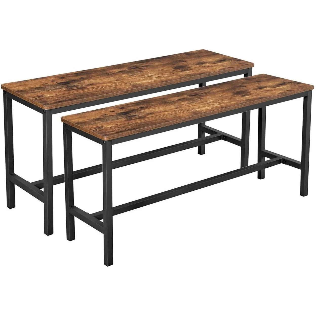 Wooden Top Indoor Bench with Metal Legs, Set of 2, Rustic Brown and Black- Saltoro Sherpi