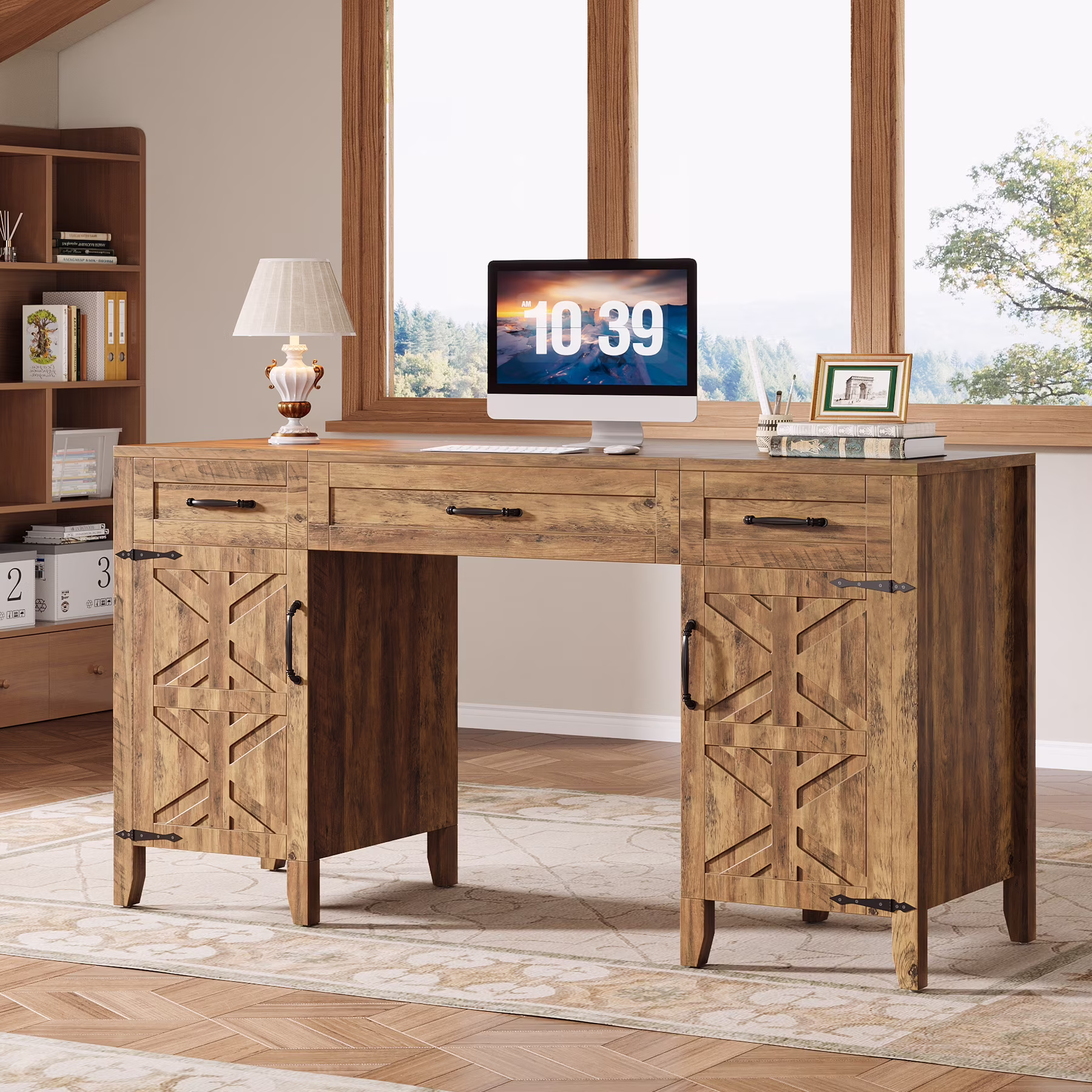 Tribesigns 59" Computer Desk with Drawers, Farmhouse Wooden Office Executive Desk with Files Storage Cabinets