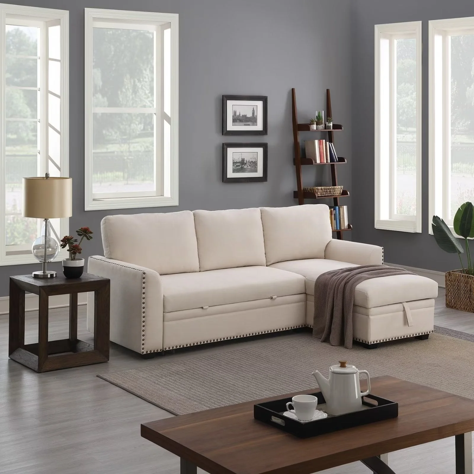 Morden Fort Velvet Reversible Sectional Convertible L-Shape Sofa Sleeper with Storage